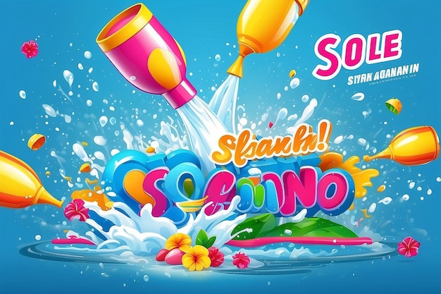 Photo illustration vectorielle de la promotion de la vente de songkran splashant de l'eau avec un pistolet à eau