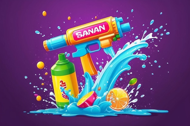 Photo illustration vectorielle de la promotion de la vente de songkran splashant de l'eau avec un pistolet à eau