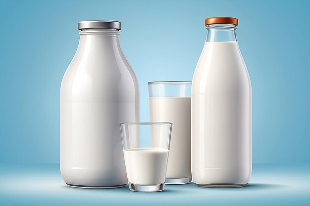 Photo illustration vectorielle réaliste du lait avec une bouteille sur un fond lumineux