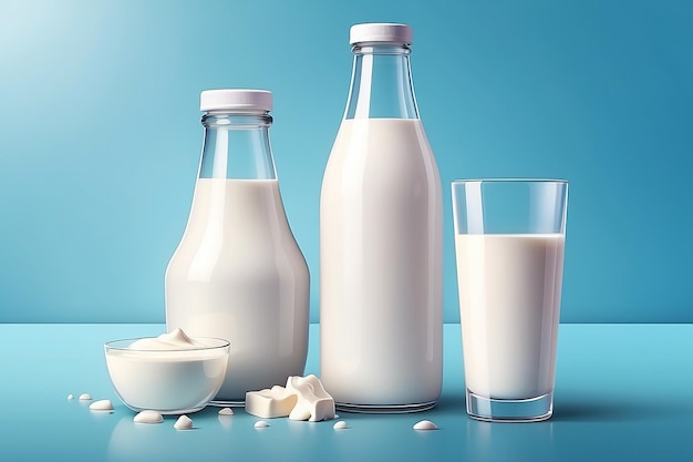 Photo illustration vectorielle réaliste du lait avec une bouteille sur un fond lumineux