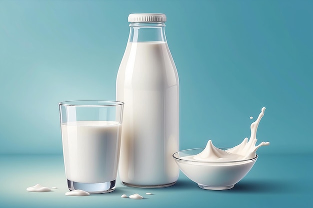 Photo illustration vectorielle réaliste du lait avec une bouteille sur un fond lumineux