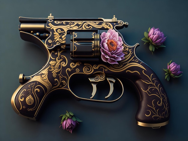 Photo illustration vectorielle de revolver et de fleurs sur fond noir