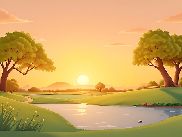 Illustration vectorielle Scène de paysage vierge du parc naturel au coucher du soleil