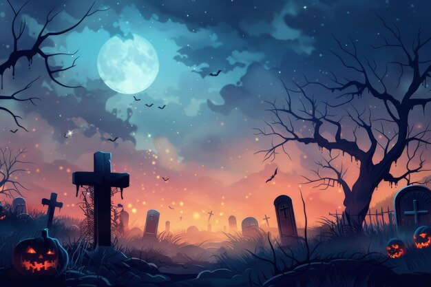 Illustration vectorielle Scène réaliste du cimetière d'Halloween Toile de fond effrayante pour les dessins