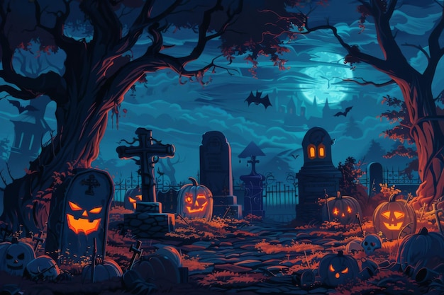 Illustration vectorielle Scène réaliste du cimetière d'Halloween Toile de fond effrayante pour les dessins
