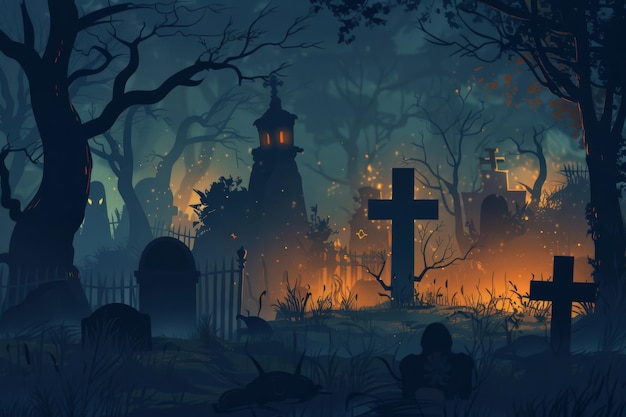 Illustration vectorielle Scène réaliste du cimetière d'Halloween Toile de fond effrayante pour les dessins