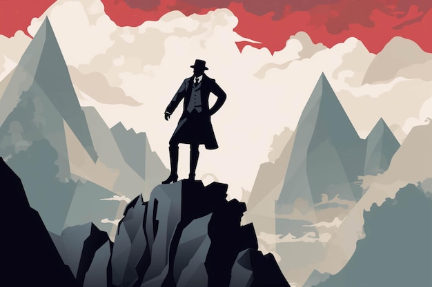 Illustration vectorielle d'une silhouette d'un homme au sommet d'une montagne