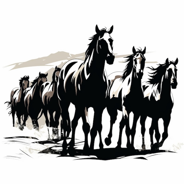 illustration vectorielle d'un troupeau de chevaux sauvages silhoue