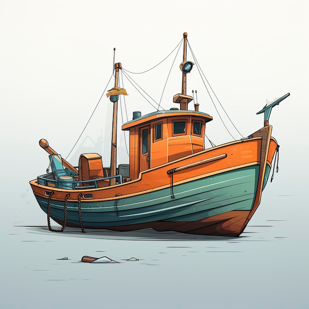 Photo illustration vectorielle d'un vieux bateau de pêche dans un dessin animé de style anime kawaii