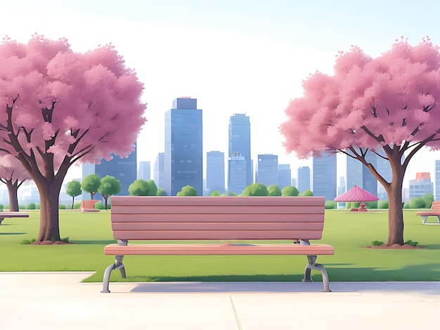 Illustration vectorielle d'une vue dans une ville moderne avec des bancs dans le parc