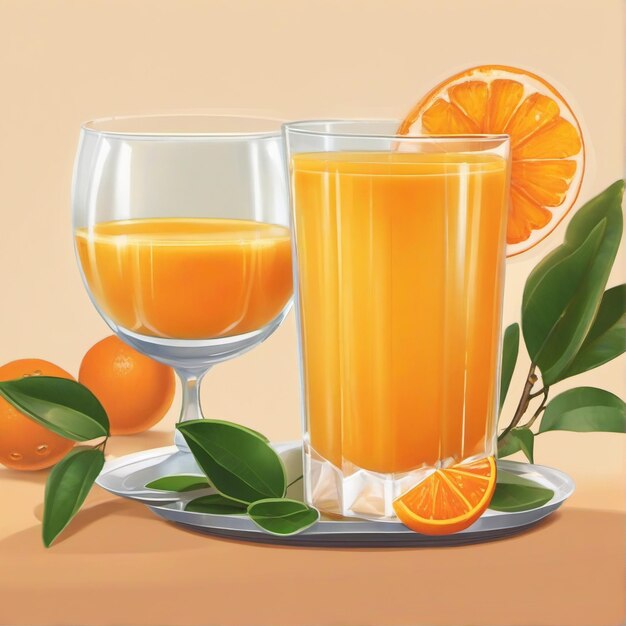 illustration d'un verre de jus d'orange avec une tranche d'oranger dans le style artistique du jeu anime