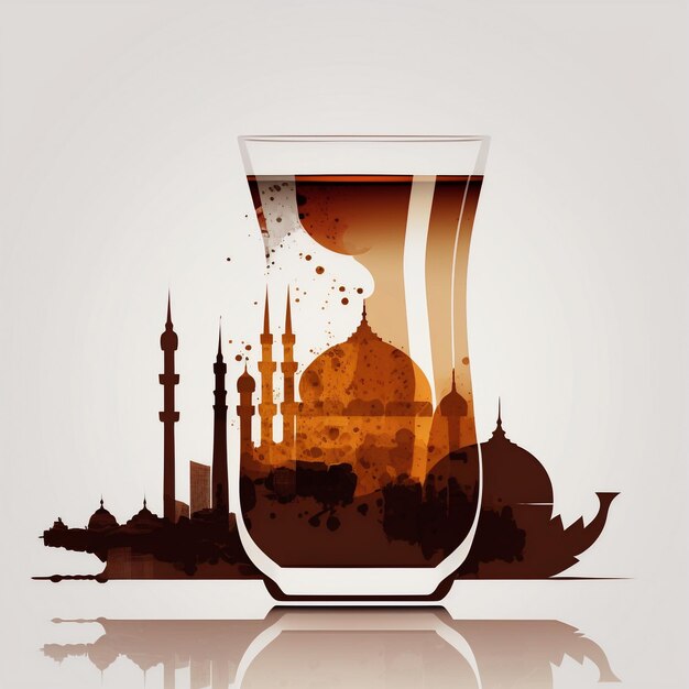 Illustration d'un verre de thé turc avec la silhouette d'une mosquée sur un design plat de fond de coucher de soleil