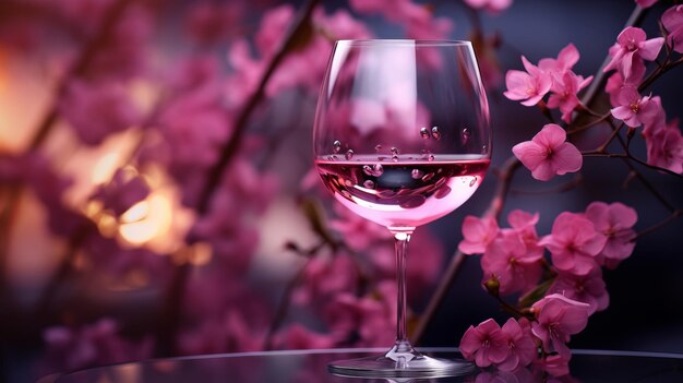 Photo illustration d'un verre de vin avec des fleurs roses sur une table