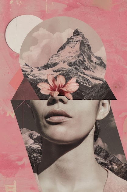 illustration verticale du visage de la femme39 avec des montagnes en arrière-plan collage minimaliste de fleurs