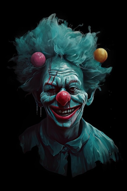 Illustration verticale pour Halloween d'un portrait d'un clown effrayant et souriant avec un fond noir AI générative