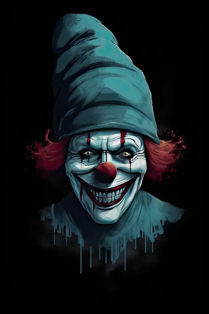 Illustration verticale pour Halloween d'un portrait d'un clown effrayant et souriant avec un fond noir AI générative