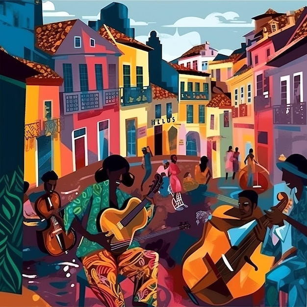 Illustration vibrante du quartier Pelourinho de Salvador avec des bâtiments coloniaux colorés