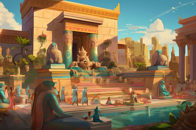 Illustration vibrante du temple phénicien architecture ornée de statues de divinités