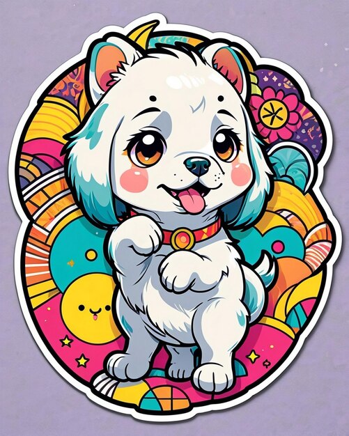 une illustration vibrante et ludique d'un autocollant pour chien mignon inspiré de l'art kawaii japonais