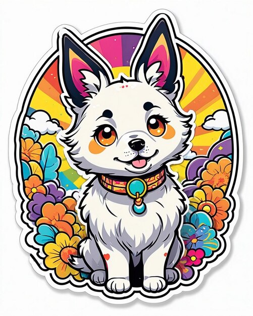 une illustration vibrante et ludique d'un autocollant pour chien mignon inspiré de l'art kawaii japonais