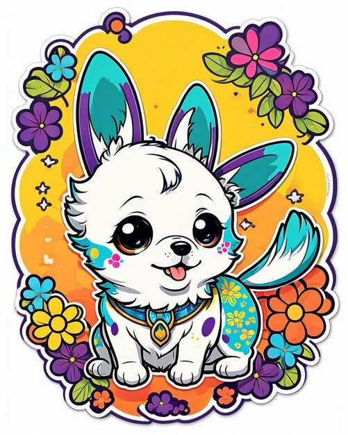 une illustration vibrante et ludique d'un autocollant pour chien mignon inspiré de l'art kawaii japonais