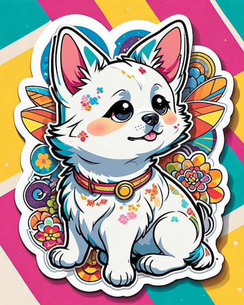 une illustration vibrante et ludique d'un autocollant pour chien mignon inspiré de l'art kawaii japonais