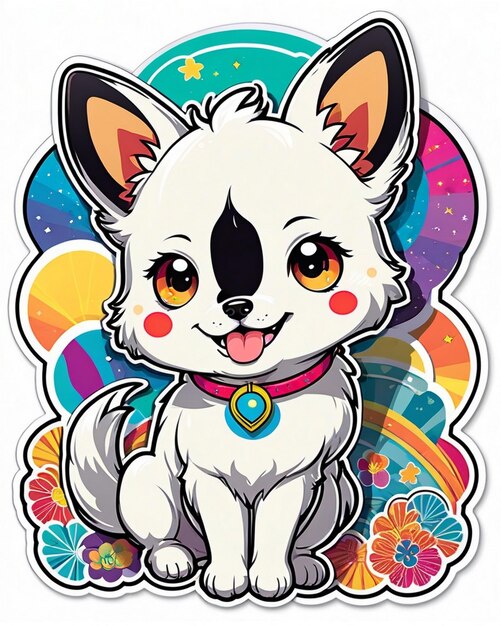 une illustration vibrante et ludique d'un autocollant pour chien mignon inspiré de l'art kawaii japonais