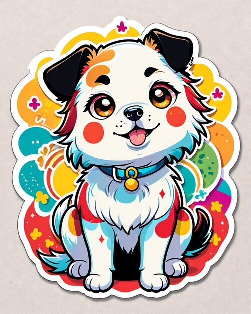 une illustration vibrante et ludique d'un autocollant pour chien mignon inspiré de l'art kawaii japonais