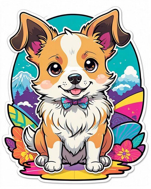 une illustration vibrante et ludique d'un autocollant pour chien mignon inspiré de l'art kawaii japonais