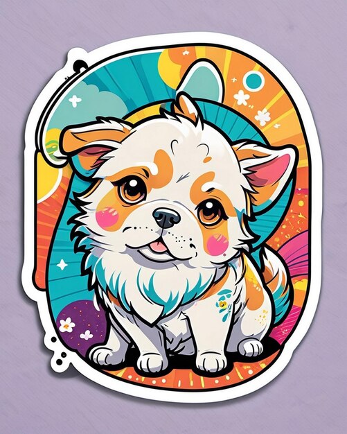 une illustration vibrante et ludique d'un autocollant pour chien mignon inspiré de l'art kawaii japonais