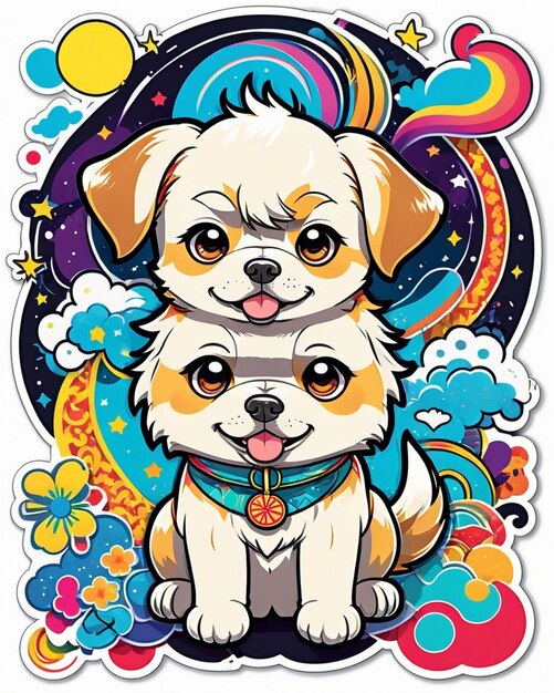 une illustration vibrante et ludique d'un autocollant pour chien mignon inspiré de l'art kawaii japonais