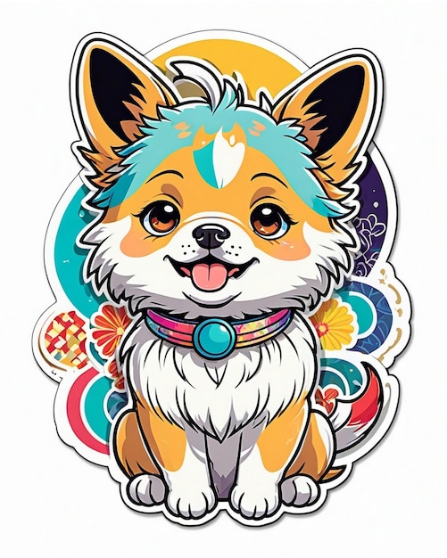 une illustration vibrante et ludique d'un autocollant pour chien mignon inspiré de l'art kawaii japonais