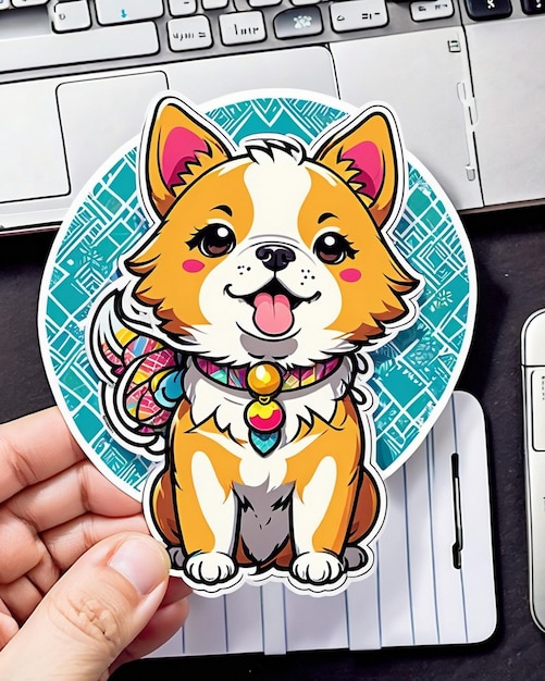 une illustration vibrante et ludique d'un autocollant pour chien mignon inspiré de l'art kawaii japonais