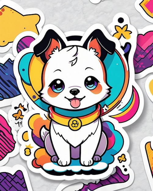 une illustration vibrante et ludique d'un autocollant pour chien mignon inspiré de l'art kawaii japonais