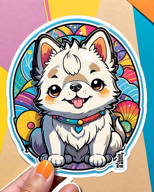 une illustration vibrante et ludique d'un joli autocollant pour chien inspiré de l'art kawaii japonais