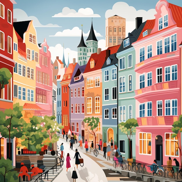 Une illustration vibrante d'une rue animée de Copenhague