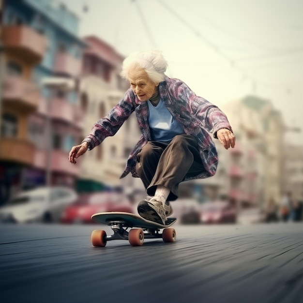 illustration d'une vieille grand-mère jouant au skateboard