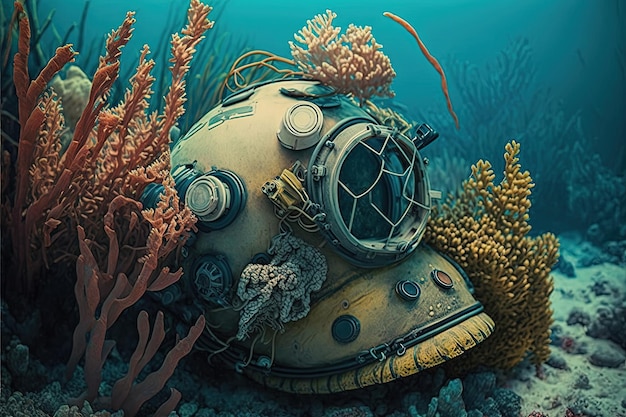 Illustration d'un vieux casque de plongée détérioré sous les coraux et les récifs marins Generative AI