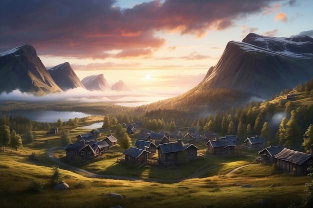 illustration d'un village de bois dans la forêt Norvège paysage de l'époque viching couleurs sombres venteuses