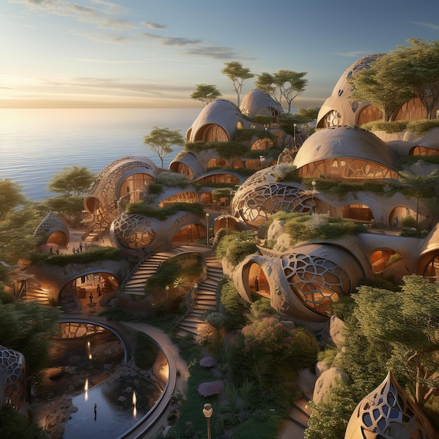 illustration d'un village écologique étonnant avec des constructions de forme organique