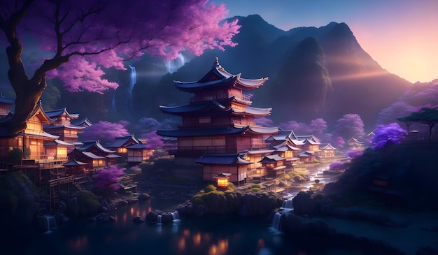 Illustration de village japonais fantastique IA générative