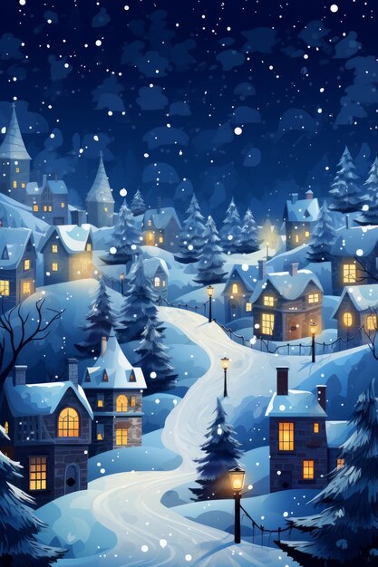 Illustration d'un village de Noël festif avec des flocons de neige générée par l'IA