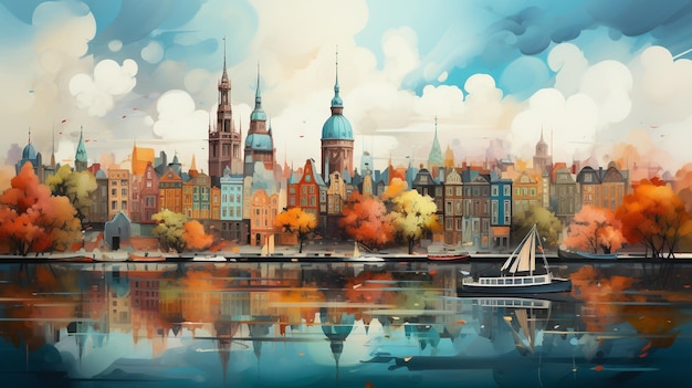 illustration de la ville d'Amsterdam style Tracie Grimwood et Suminagashi