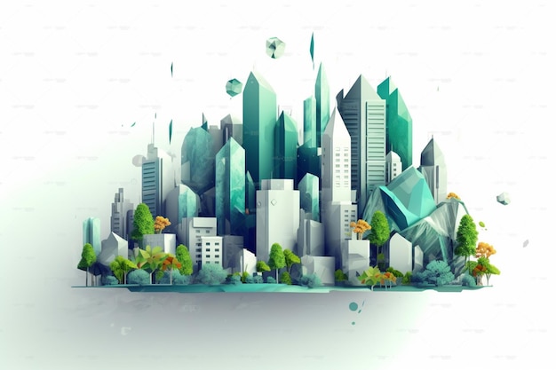 Une illustration d'une ville avec des arbres verts et un paysage urbain