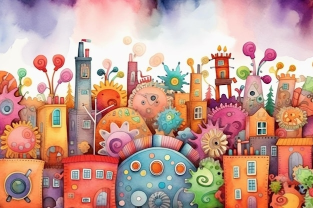 Illustration d'une ville avec beaucoup de bâtiments colorés et de ballons génératifs ai