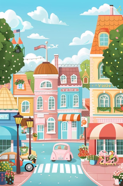 Illustration d'une ville de contes de fées de dessins animés européens
