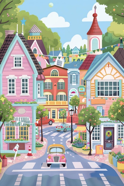 Illustration d'une ville de contes de fées de dessins animés européens