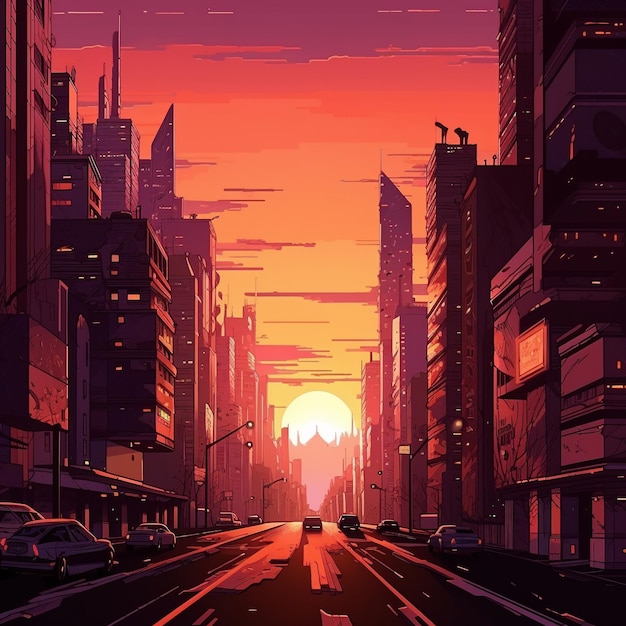 Illustration de la ville futuriste moderne Cybercity dépassée par le Soleil