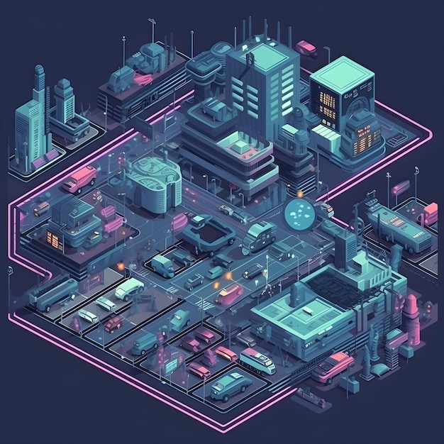 Une illustration d'une ville avec des néons et un panneau qui dit "cyber city"