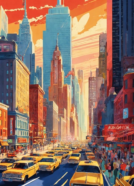 illustration d'une ville de New York dans le style d'une affiche de propagande couleurs vives détaillées ensoleillées